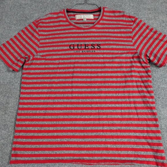 Guess Originals T-shirt XL Red Gray Striped Embroidered Spellout Retro - Picture 1 of 6